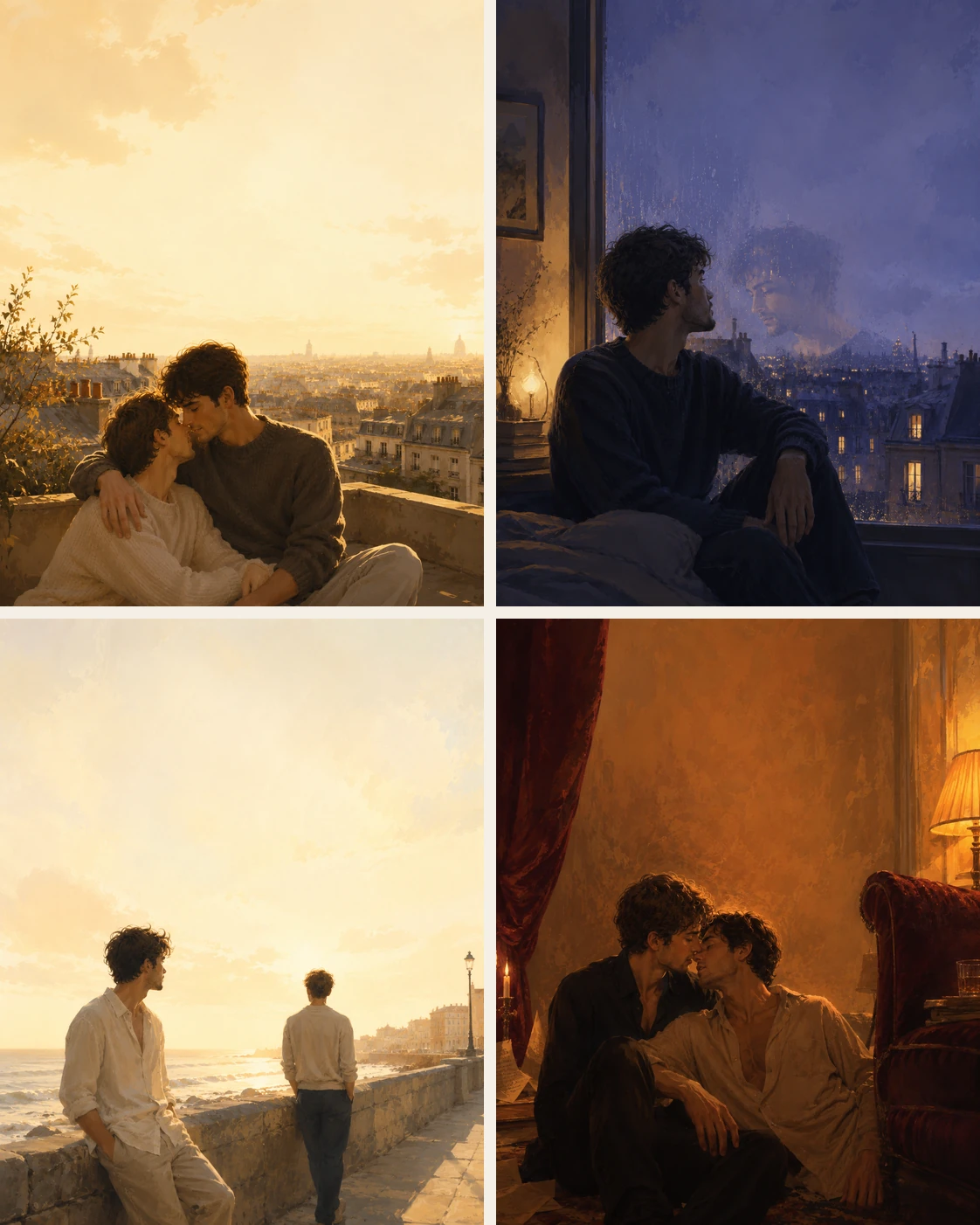 Mosaïque de quatre interprétations visuelles de Dis-moi, autour d’une relation amoureuse entre hommes