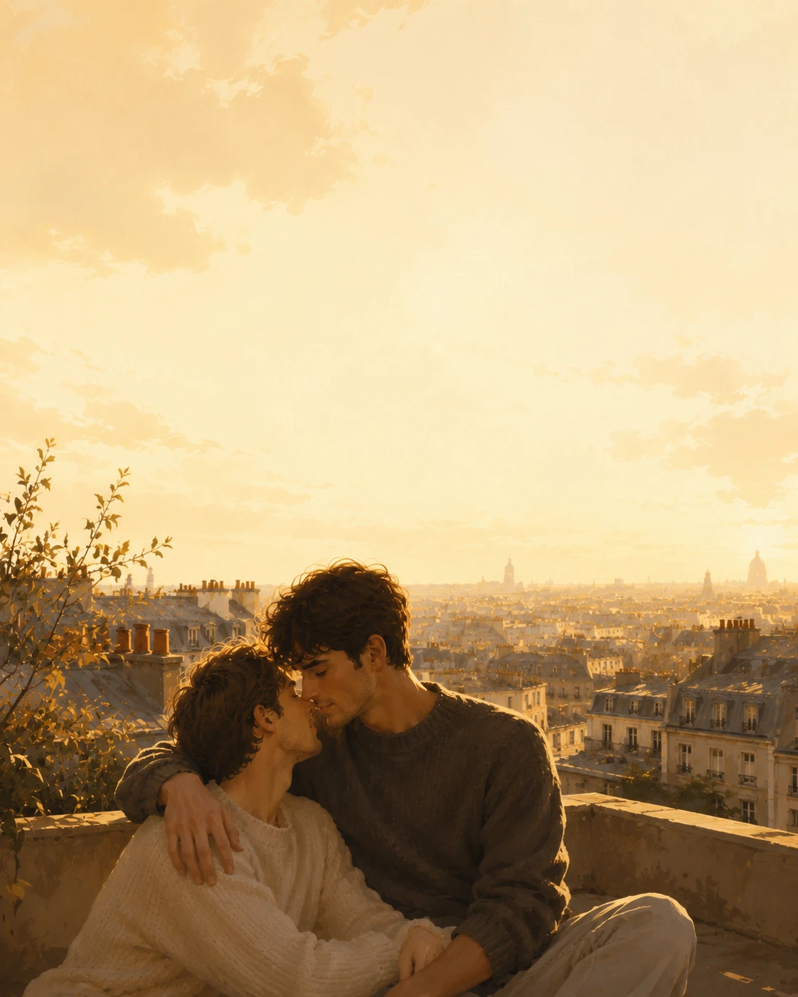 Deux jeunes hommes enlacés sur une terrasse au-dessus de Paris dans une lumière dorée