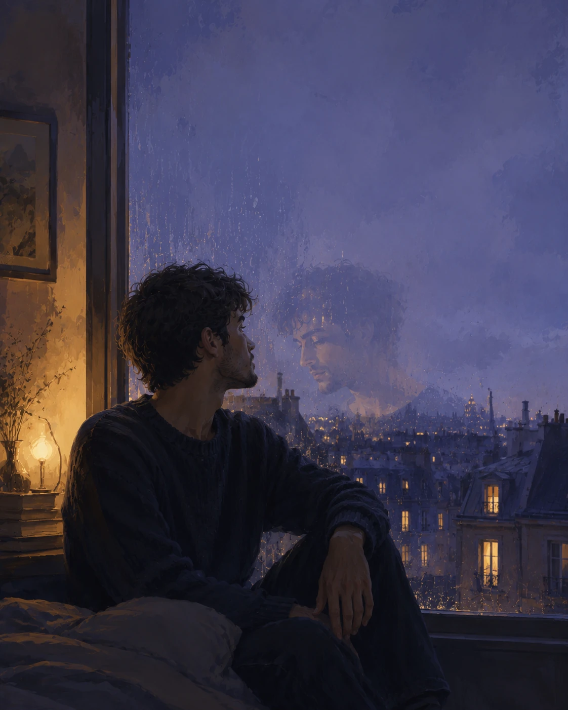 Un jeune homme à une fenêtre sous la pluie, face au reflet ou au souvenir d’un autre homme