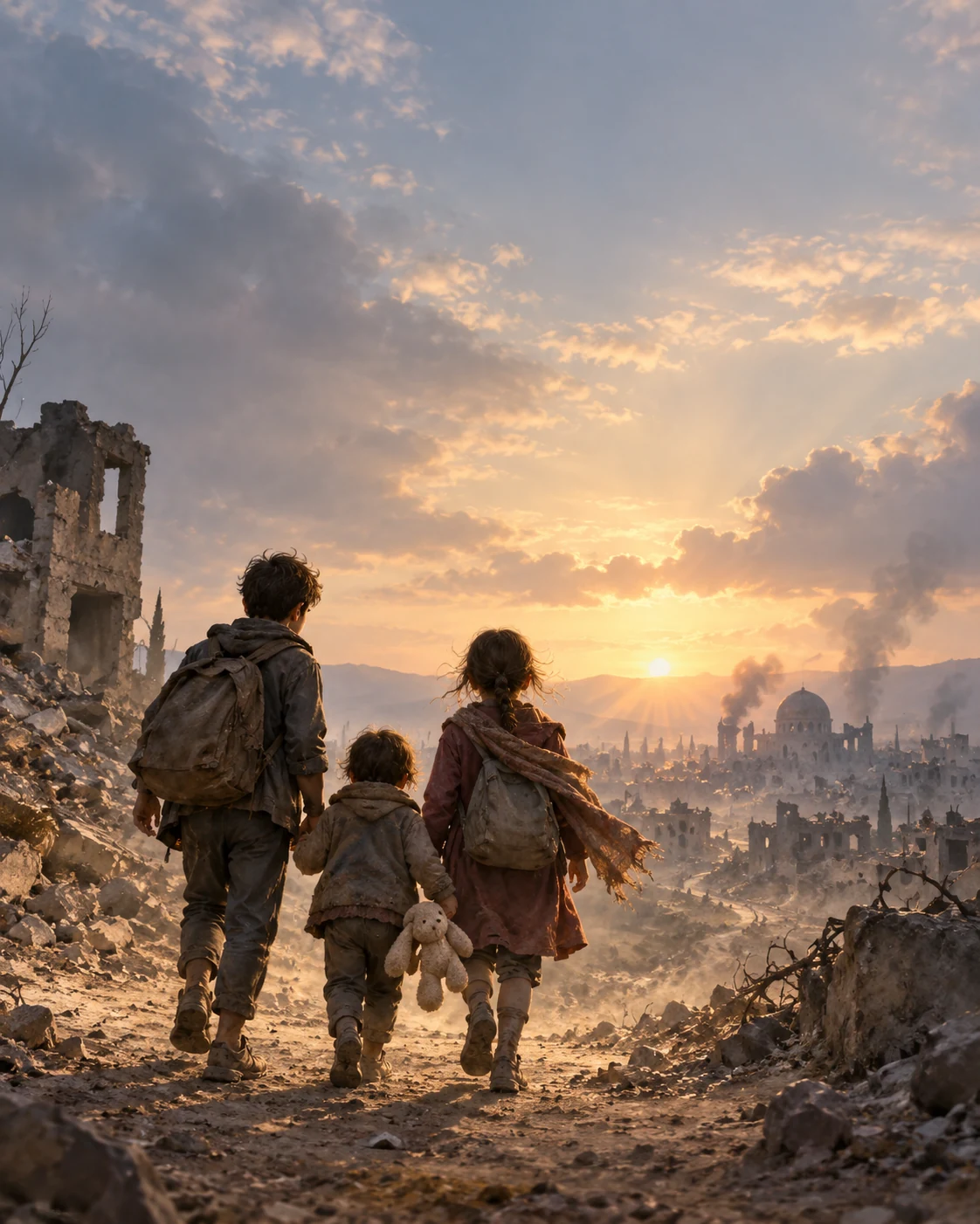 Trois enfants vus de dos avançant dans les ruines d’une ville en guerre vers une lumière à l’horizon