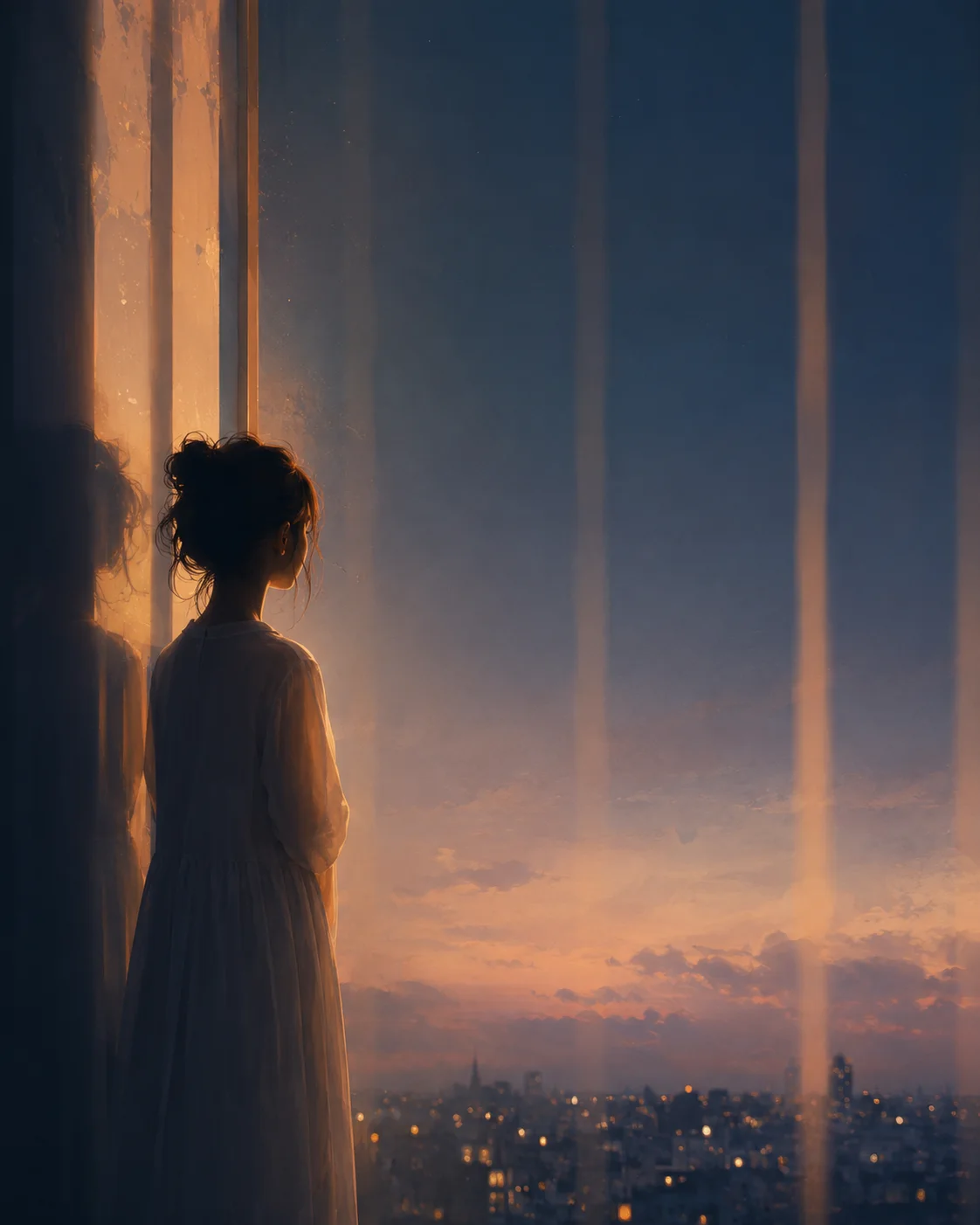 Silhouette d’une jeune femme devant une ville au crépuscule, dans une lumière bleue et dorée