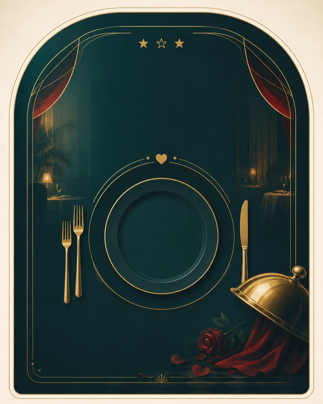 Illustration d’une table élégante de Saint-Valentin dans un restaurant étoilé : table numéro 4, menu surprise et chef du soir encore à confirmer